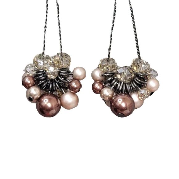 Faux Pearl Cluster Dangle Earrings Faceted Glass Beads Brown Champagne Colors - Picture 1 of 6